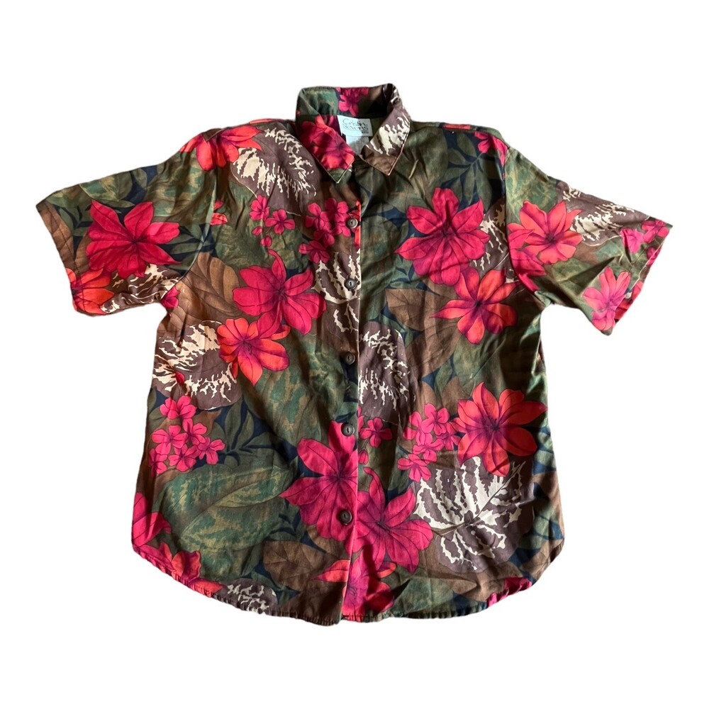 VTG 80s 90s Petite M Button Up Tropical Hawaiian Rayon Shoulder Pad Blouse Shirt